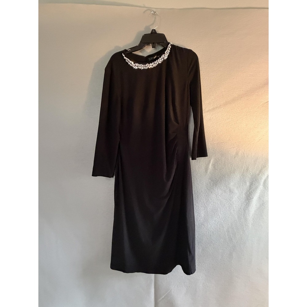 Lauren Ralph Lauren Dress Womens 8 Black Rhinestone Neck Ruched Sheath Jersey